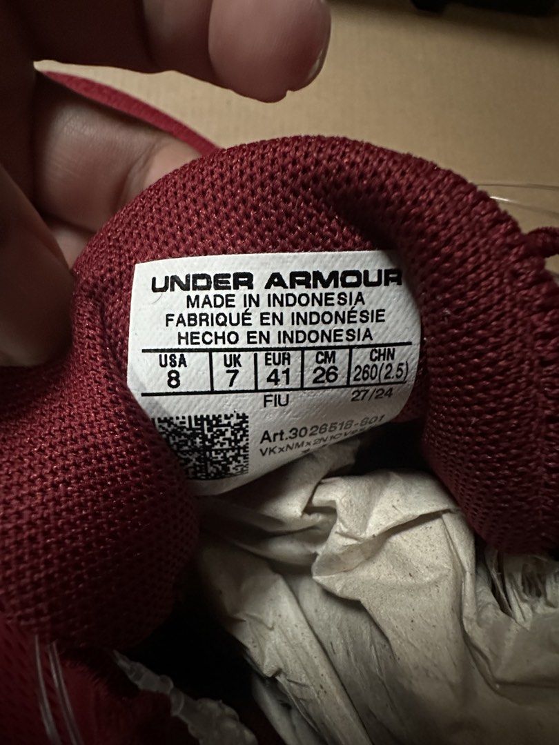 Under Armour Red Running Shoes Size 8 (Category: Sneakers) located in Manila. Submitted by majav (Listing ID 1463328293, Image 1). Description: - Red Under Armour Charged Assert 9 running shoes - Made in Indonesia - Size: 8 US / 7 UK / 41 EUR / 26 CM / 260(2.5) JPN - Ideal for running and training.