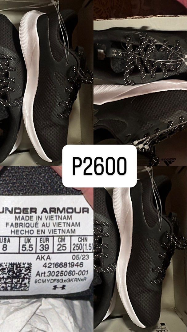 Under Armour Running Shoes Black Size 8 (Category: Sneakers) located in Manila. Submitted by majav (Listing ID 1463328017, Image 1). Description: - Brand: Under Armour - Type: Running Shoes - Color: Black with white soles and laces - Size: US 8 / UK 5.5 / EUR 39 / CM 25 - Origin: Made in Vietnam - Price: P2600 .