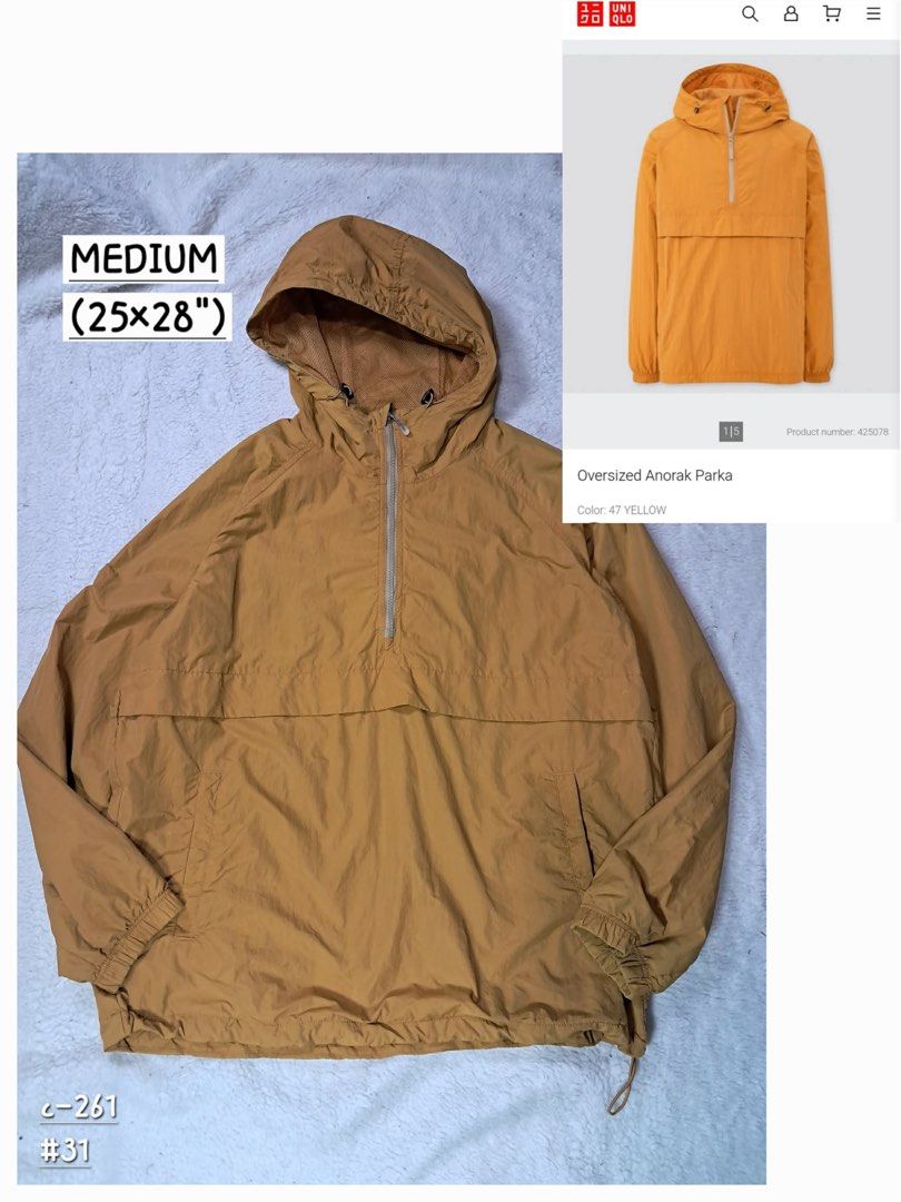 Uniqlo Oversized Anorak Parka Jacket Yellow Medium (Category: Coats, Jackets and Outerwear) located in Baguio. Submitted by padisellsz (Listing ID 1463449640, Image 1). Description: - Uniqlo Oversized Anorak Parka - Very good condition - No issues - Color: parang brown orange - Size: Medium - Features: Hood, half-zip closure, front pockets, drawstring hem - Material: 100% Nylon shell, 100% Polyester lining - Ideal for layering - mejo mahigpit lan
