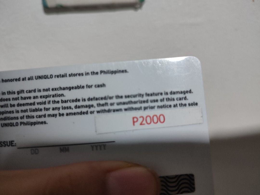 UNIQLO Philippines Gift Card (Category: Game Gift Cards & Accounts) located in Santa Rosa. Submitted by lhouisehhh (Listing ID 1463451631, Image 2). Description: - UNIQLO Philippines Gift Card with P2000 value - Valid at all UNIQLO retail stores in the Philippines - Not exchangeable for cash - No expiration date - Card is void if barcode/security feature is damaged or defaced - Terms and conditions may change without prior notice 1800 nalang po!!