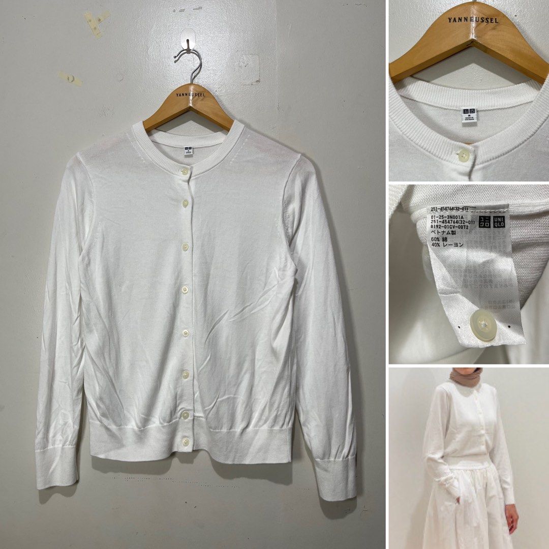 UNIQLO UV PROTECTION CREW NECK CARDIGANS (Category: Coats, Jackets and Outerwear) located in Davao. Submitted by yannrussel00 (Listing ID 1463385584, Image 3). Description: SEE DETAILS BELOW FOR SIZES ⬇️ • Color Green Size XL Dimes W19 x L25 laid flat Condition 10/10 like new Color Green No issue ₱450 • White Size Medium Dimes W17.5 x L23 laid flat Condition 10/10 like new No issue ₱450 • Yellow Size Medium Dimes W17 x L24 laid flat Condition 9/1