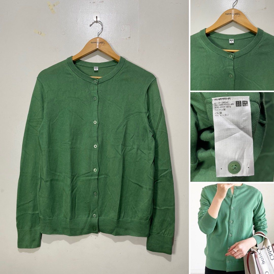 UNIQLO UV PROTECTION CREW NECK CARDIGANS (Category: Coats, Jackets and Outerwear) located in Davao. Submitted by yannrussel00 (Listing ID 1463385584, Image 2). Description: SEE DETAILS BELOW FOR SIZES ⬇️ • Color Green Size XL Dimes W19 x L25 laid flat Condition 10/10 like new Color Green No issue ₱450 • White Size Medium Dimes W17.5 x L23 laid flat Condition 10/10 like new No issue ₱450 • Yellow Size Medium Dimes W17 x L24 laid flat Condition 9/1
