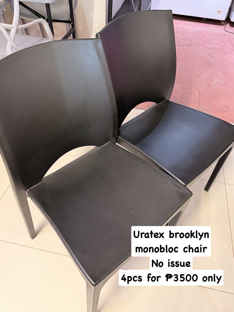 Uratex Brooklyn Monobloc Chairs (Category: Chairs) located in Mandaluyong City. Submitted by classymissy014 (Listing ID 1463555508, Image 2). Description: - Set of 4 Uratex Brooklyn monobloc chairs - Color: Black - Versatile: Suitable for both indoor and outdoor use - Features: Durable and easy to clean - Price: PHP 3500 for all 4 chairs - bought for 1500 each from office cw home depot - 900 each fixed 📍mandaluyong .