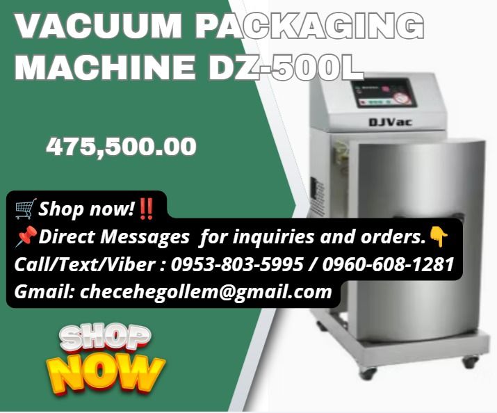 Vacuum Packaging Machine DZ-500L (Category: Other Home Appliances) located in Caloocan City. Submitted by 09945233960 (Listing ID 1463373780, Image 1). Description: ●Model: DZ-500L ●Vacuum Chamber ( ( m3/h): 20*2 ●Power (kw):0.75*2/0.9*2 ●Production Cycle (times/min): 1-2 ●Gross Weight (kg): 270 ●Net Weight (kg): 220 ●Shipping Dimension(mm): 920*630*1430 .