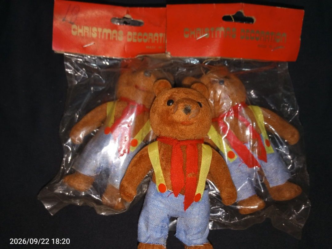 Vintage Bear Christmas Decors (Category: Vintage Collectibles) located in Davao. Submitted by banana.pancake (Listing ID 1463508715, Image 1). Description: Christmas Tree Ornaments take all 3pcs for 200 90s bear Christmas decor.