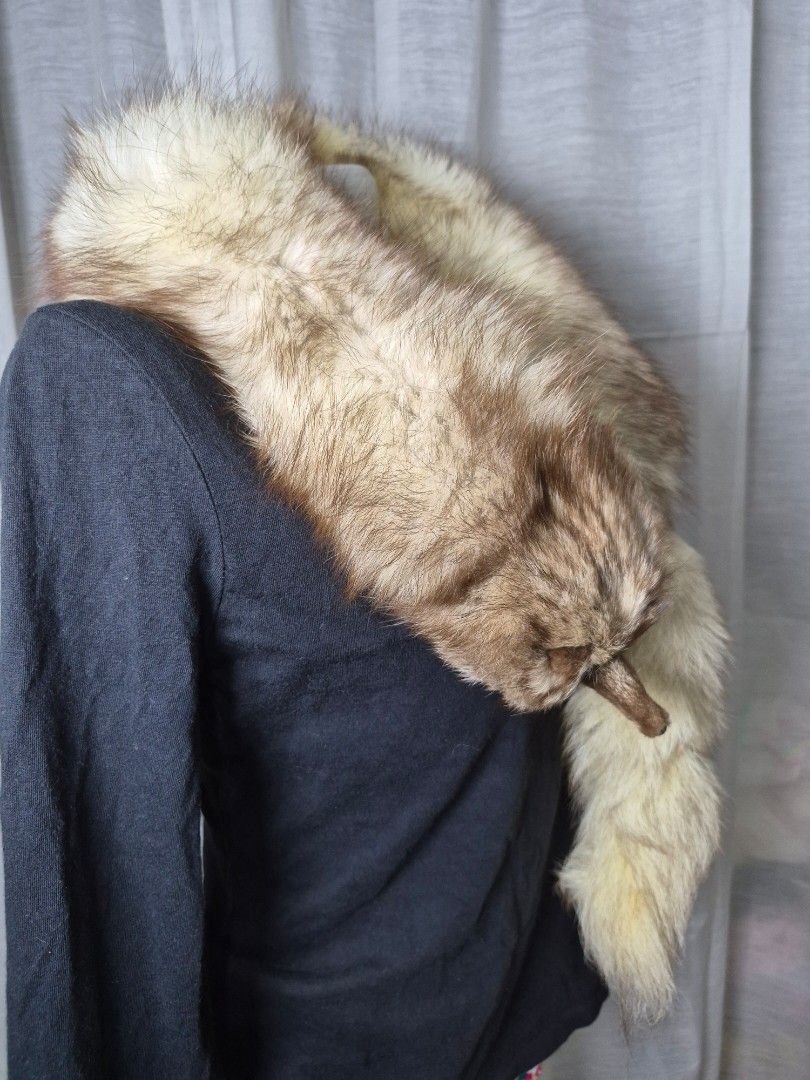 Vintage Fox Fur Stole with Head and Tail (Category: Coats, Jackets and Outerwear) located in Iriga City. Submitted by ifj_japansurplus (Listing ID 1463396312, Image 2). Description: - Vintage fox fur stole - Realistic fox head with glass eyes - Long, bushy tail - Fur colors: cream, beige, and brown - Unique statement accessory.
