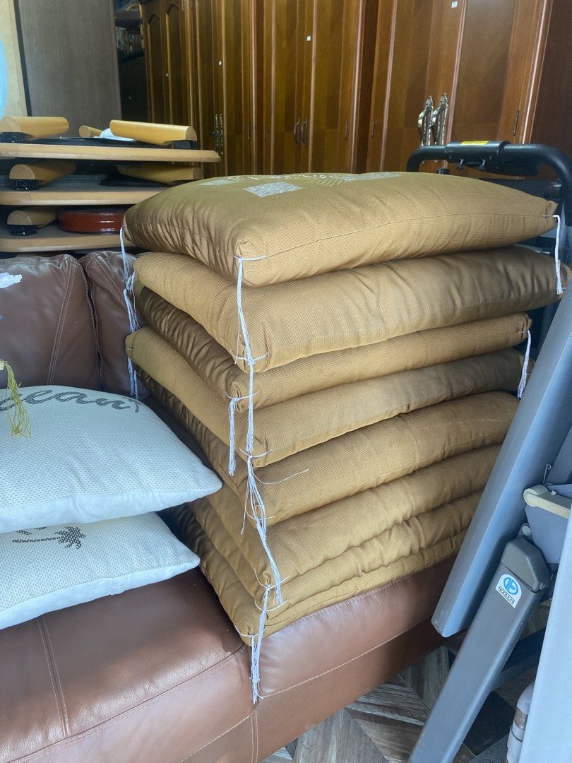 Vintage/Traditional Floor Cushions (Category: Cushions & Throws) located in Carmona. Submitted by myy_yy (Listing ID 1463370227, Image 2). Description: ₱250 each floor cushion Details: Set of 8 cushions Large, thick and well-padded Mustard/gold and brown colors Decorative traditional pattern Fabric shows some age/use, including loose threads and some wear, as shown in photos Best suited for someone who appreciates vintage/traditional pieces or is