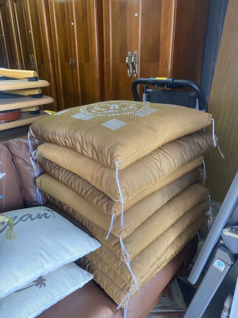 Vintage/Traditional Floor Cushions (Category: Cushions & Throws) located in Carmona. Submitted by myy_yy (Listing ID 1463370227, Image 1). Description: ₱250 each floor cushion Details: Set of 8 cushions Large, thick and well-padded Mustard/gold and brown colors Decorative traditional pattern Fabric shows some age/use, including loose threads and some wear, as shown in photos Best suited for someone who appreciates vintage/traditional pieces or is