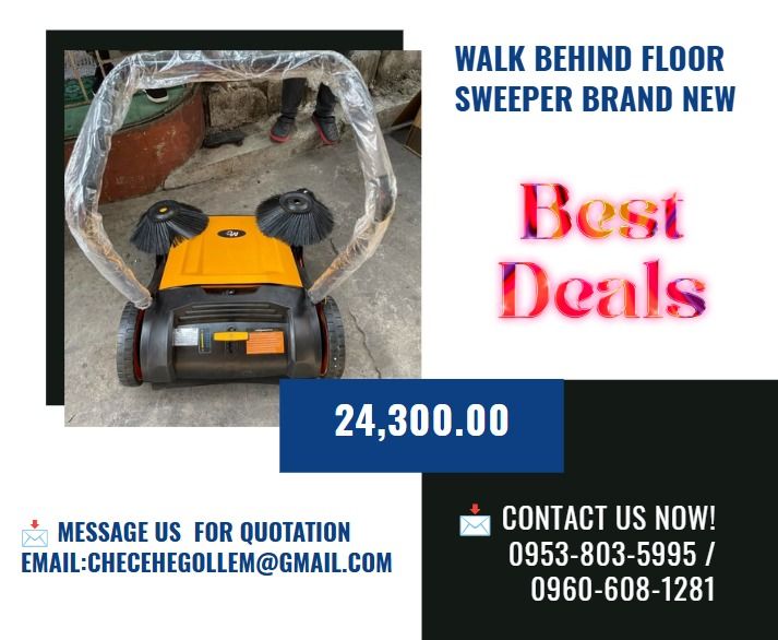 Walk Behind Floor Sweeper brand new (Category: Everything Else Others) located in Aroroy. Submitted by 09602831019 (Listing ID 1463369760, Image 1). Description: ●Functional Features ●Easy to store ,takes up little space No need to charge .work all the time. ●Easy Operation . ●Product size : 1300*790*1035 ●Main brush width : 500mm ●Width of size brush : 350mm ●Sweeping width : 980mm ●Dust tank capacity : 45L ●Water tank capacity : Liter ●Machine 
