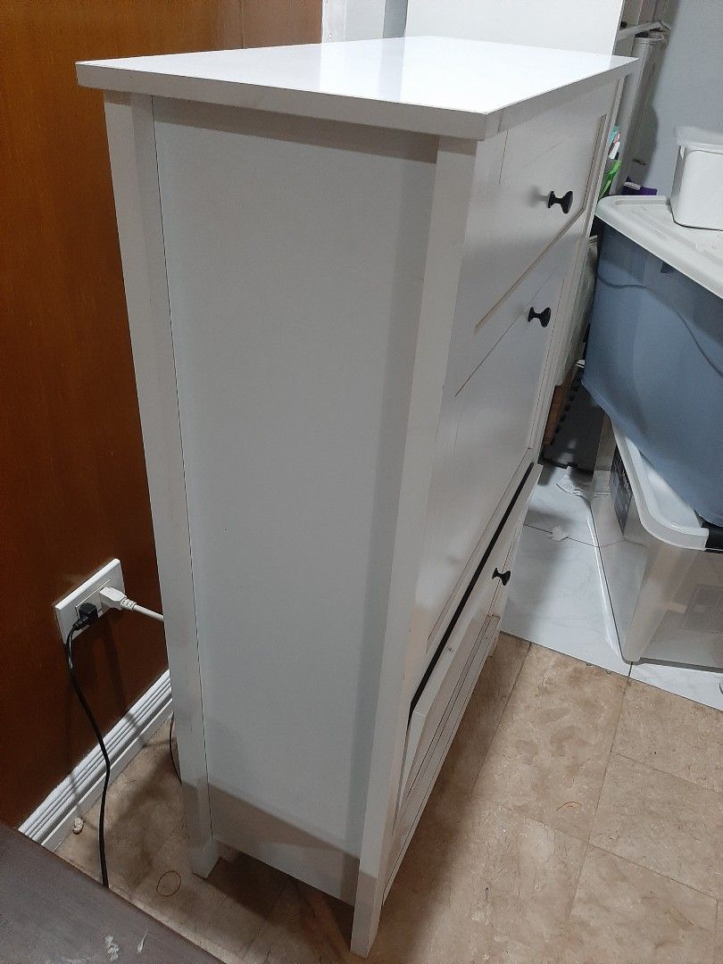 White 3-Door Cabinet with Drawers (Category: Shelves, Cabinets & Racks) located in Paranaque City. Submitted by jonasgonas (Listing ID 1463424574, Image 2). Description: - White cabinet with 3 doors and drawers - Excellent storage solution - Clean and simple design, fits most rooms - Ready for a new home About this item With 1 drawer under the top and 2 layers for shoes that can accommodate up to 12 pair of shoes for adult. Measurements Width: 71