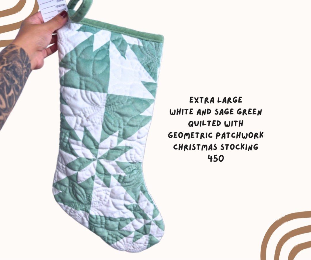 White & Sage Quilted with Geometric Pattern XL Christmas Stocking (Category: Other Home Decor) located in Pasig City. Submitted by homeyvibesph (Listing ID 1463418144, Image 1). Description: .