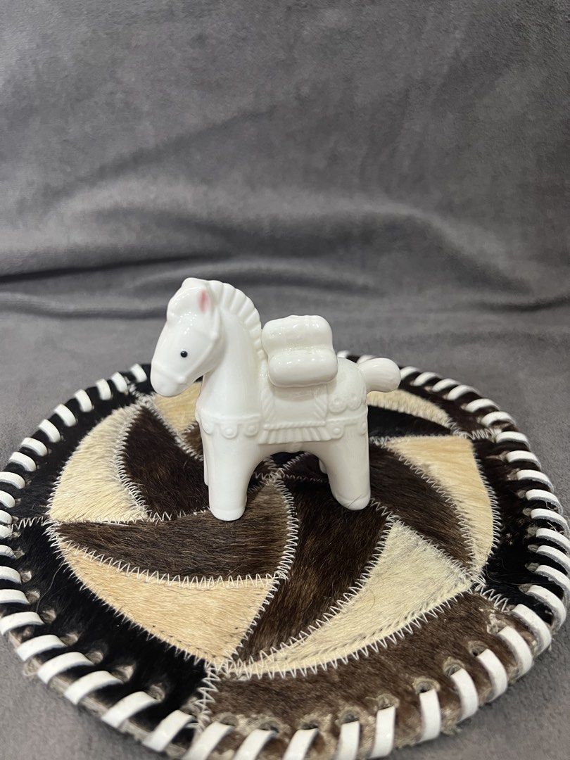 White Ceramic Horse Figurine with Saddle (Category: Other Home Decor) located in Las Pinas. Submitted by maple0305 (Listing ID 1463360570, Image 1). Description: - Adorable white ceramic horse figurine - Approximately 4 inches tall - Detailed saddle and reins - Cute pink blush on ears - Black dot eyes - Green felt pads on the bottom for protection - Ideal for display or as a charming decorative piece.