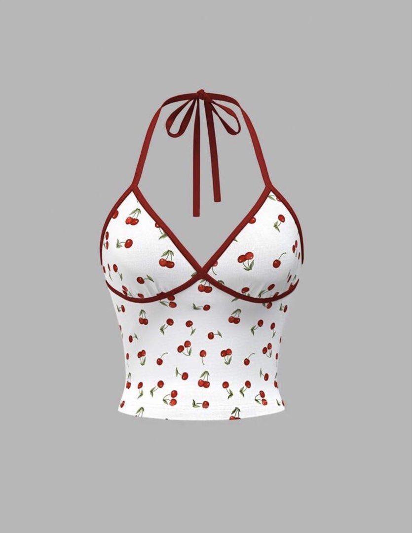 White Cherry Print Halter Neck Crop Top (Category: Sleeveless) located in Manila. Submitted by karinaaaaaaa2000 (Listing ID 1463458348, Image 2). Description: - Adorable white halter neck crop top - Features a fun all-over cherry print - Stylish red trim detail - Adjustable ties at the neck for a perfect fit - Ideal for summer days or a night out - Versatile styling: looks great with jeans or skirts loc: marikina mop: gcash/bank transfer mod: j&t
