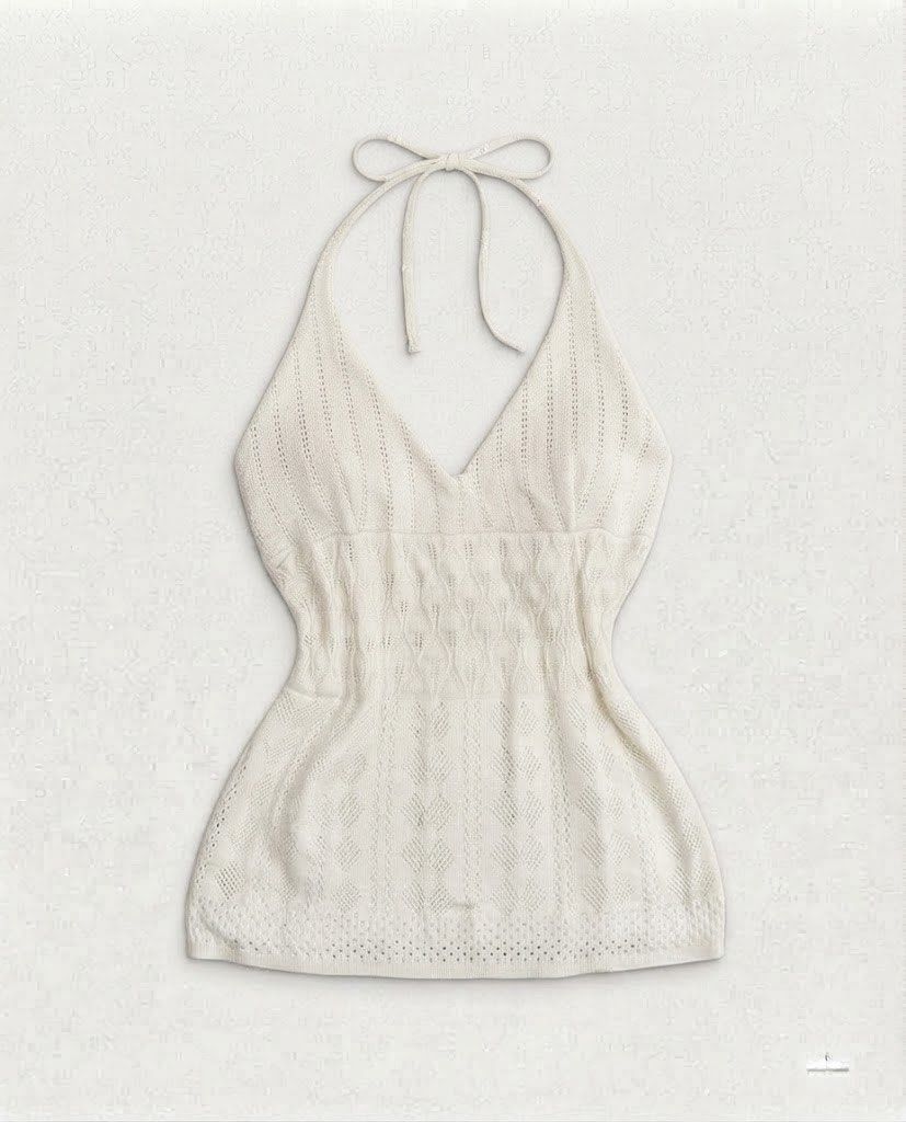 White Crochet Halter Top Cover Up (Category: Sleeveless) located in Manila. Submitted by daintywears (Listing ID 1463345224, Image 1). Description: manage your expectations this is a thrifted item. flaw: meron lang minor hole sa back but not noticeable at all. see photos - White crochet halter top - Sweetheart neckline with tie closure - Ribbed band under bust - Open knit pattern - Ideal for beach days or layering - Two small dark marks near neck