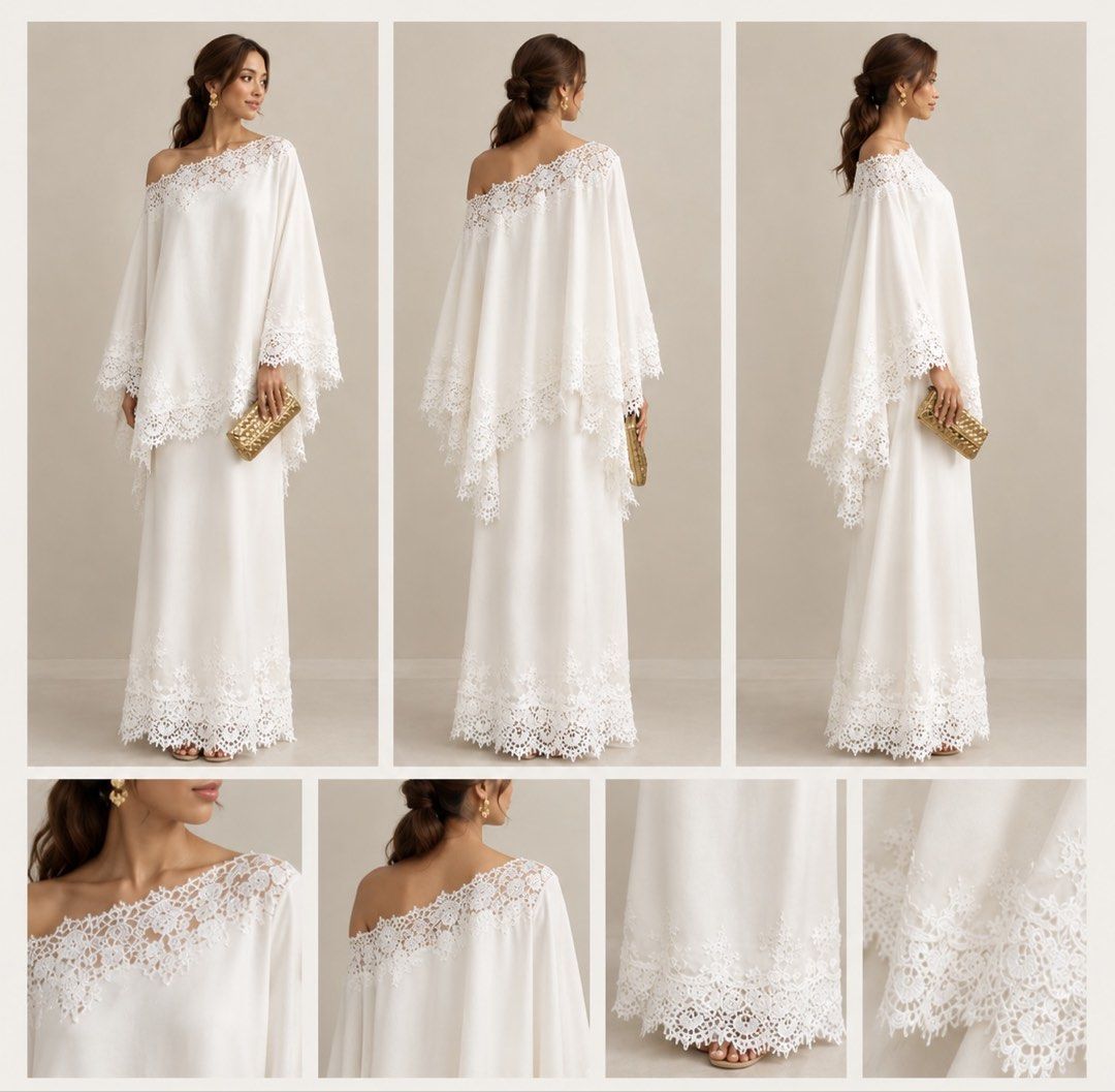 White Lace Asymmetrical Kaftan Set (Category: Kaftans & Jubahs) located in Singapore. Submitted by lulusarchive (Listing ID 1463517857, Image 1). Description: - Beautiful white kaftan maxi dress - Intricate lace detailing on neckline and hem - Stylish one-shoulder design with flowing sleeves - Perfect for special occasions or elegant evening wear - Comes with a matching gold clutch.