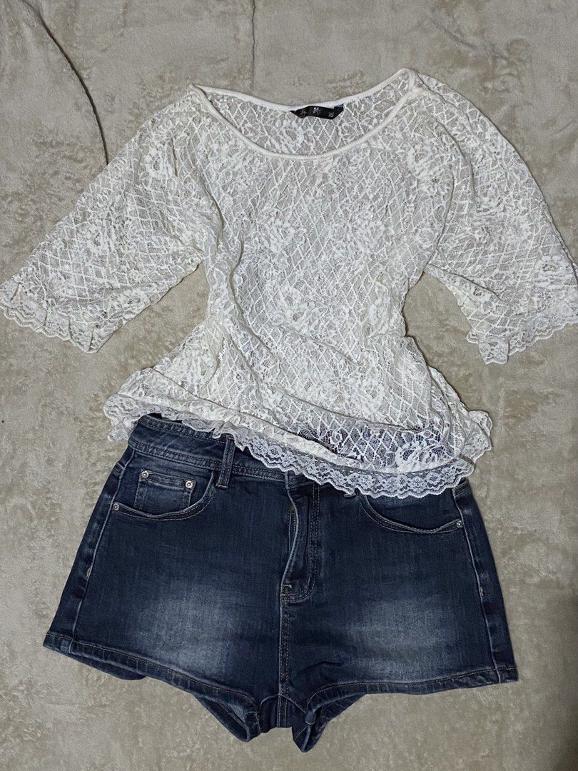 White lace top (Category: Others Tops) located in Quezon City. Submitted by ra1diance (Listing ID 1463485207, Image 1). Description: can fit s-m SHORTS NOT INCLUDED.