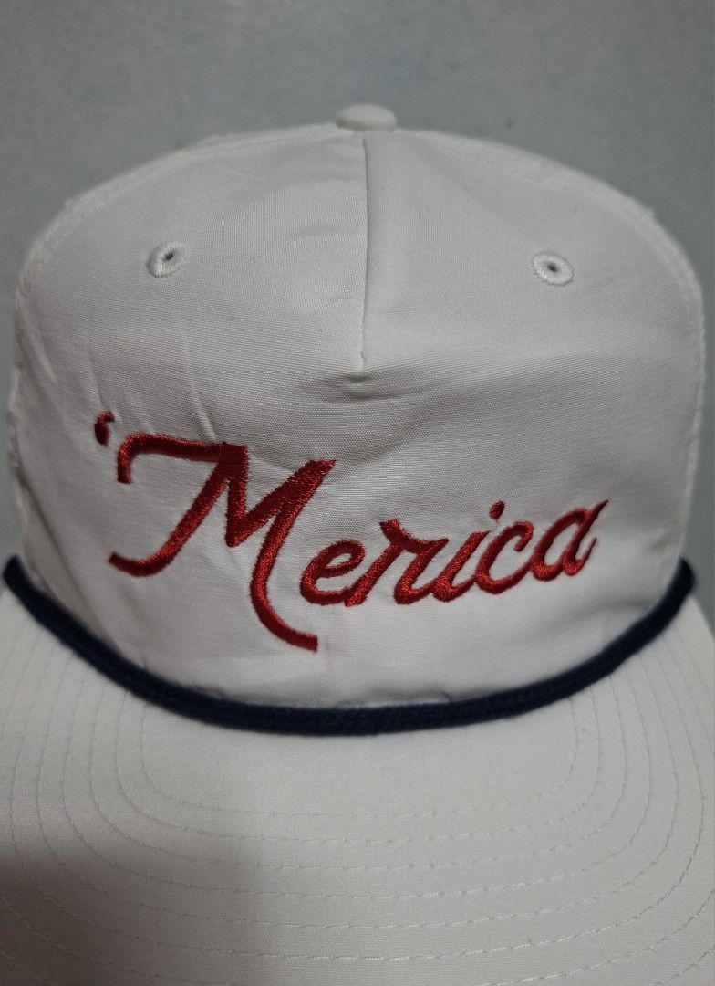 White 'Merica Rope Hat (Category: Caps & Hats) located in Taguig. Submitted by AlfonsoJaimepreloved (Listing ID 1463499637, Image 2). Description: Merica Ski Town White Snapback Cap Adult / Snapback Embroidered / 100% Nylon White Colorway Excellent Used Condition Price : 550 Location : ibayo Tipas Taguig City MOD : Lalamove / LBC / J&T at buyer expense MOP : Gcash Thank you.