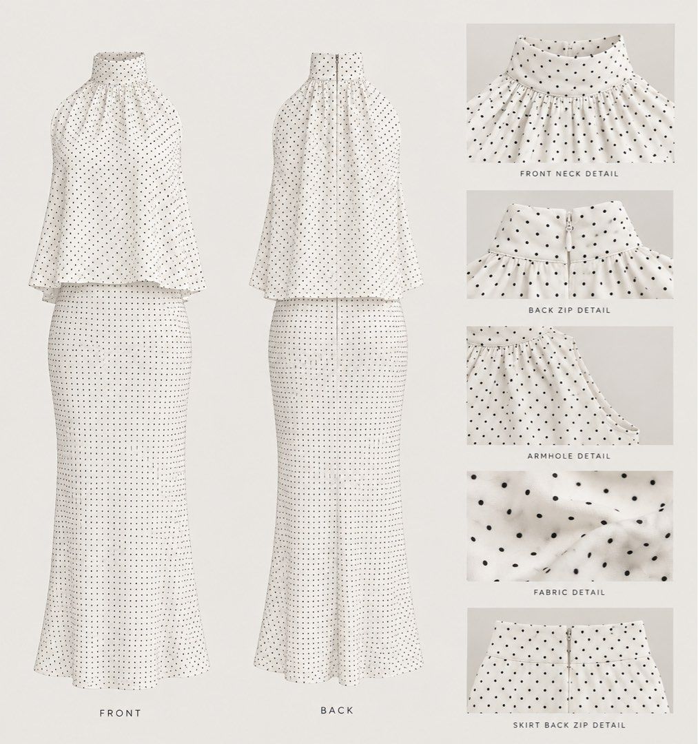 White Polka Dot Halter Neck Maxi Dress (Category: Dresses) located in Singapore. Submitted by lulusarchive (Listing ID 1463510410, Image 1). Description: - Elegant white maxi dress - Classic black polka dot print - High halter neckline with gathering - Sleeveless design - Fitted bodice - Flowing maxi skirt - Zipper closure at back neck and skirt - Fabric with a subtle sheen.