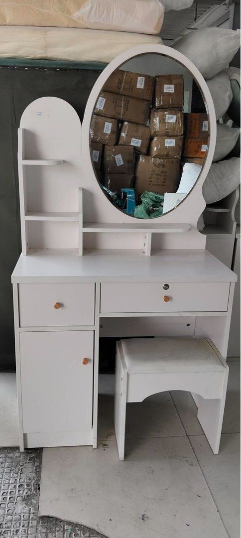 White Vanity Dressing Table with Mirror and Stool (Category: Shelves, Cabinets & Racks) located in Manila. Submitted by miriamnicd51467 (Listing ID 1463361169, Image 2). Description: Available 30pcs‼️‼️ Wooden Vanity with chairs 3,500 fix‼️ No Issue/ Hidden Issue PM IF INTERESTED‼️ loc: Paranaque.