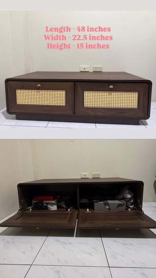 Wooden TV Stand with Cane Doors (Category: TV Consoles) located in Manila. Submitted by yennny_ (Listing ID 1463430505, Image 1). Description: - Stylish dark wood TV stand - Features two cane-front cabinets for concealed storage - Ample space inside cabinets for organizing media essentials - Dimensions: 48 inches (Length) x 22.5 inches (Width) x 15 inches (Height) - Perfect for a tidy and modern entertainment setup.
