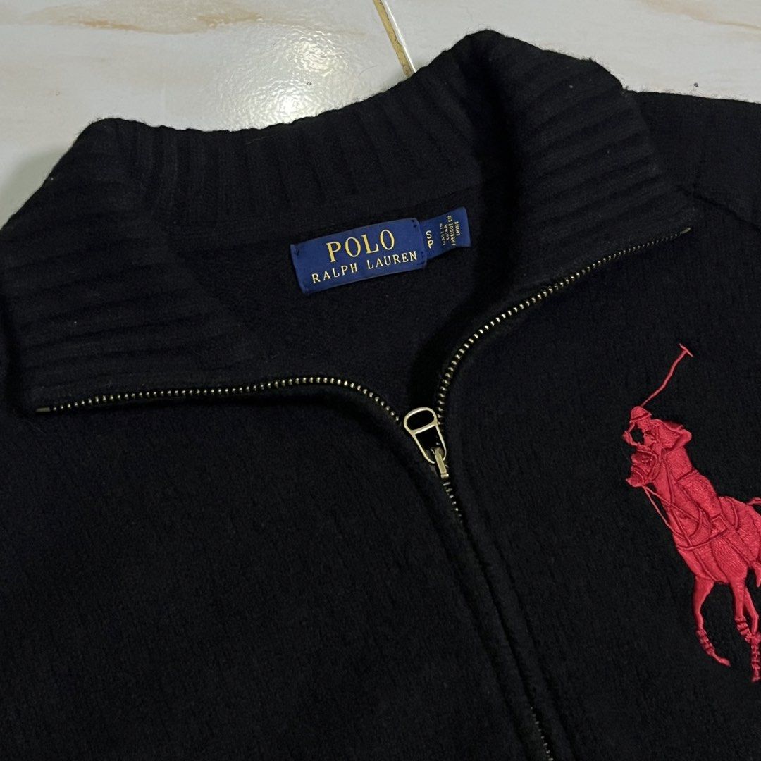 Wool Polo Ralph Lauren Knitted Jacket (Category: Coats, Jackets and Outerwear) located in Manila. Submitted by frenzyyyy (Listing ID 1463398014, Image 3). Description: - Classic Polo Ralph Lauren zip-up Jacket Wool - 19 / 24.5 - Iconic red Big Pony logo on chest - Number '3' on left sleeve - Ribbed collar, cuffs, and hem - Made from soft knit material - Ideal for layering.