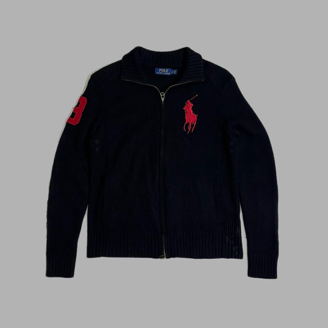 Wool Polo Ralph Lauren Knitted Jacket (Category: Coats, Jackets and Outerwear) located in Manila. Submitted by frenzyyyy (Listing ID 1463398014, Image 1). Description: - Classic Polo Ralph Lauren zip-up Jacket Wool - 19 / 24.5 - Iconic red Big Pony logo on chest - Number '3' on left sleeve - Ribbed collar, cuffs, and hem - Made from soft knit material - Ideal for layering.