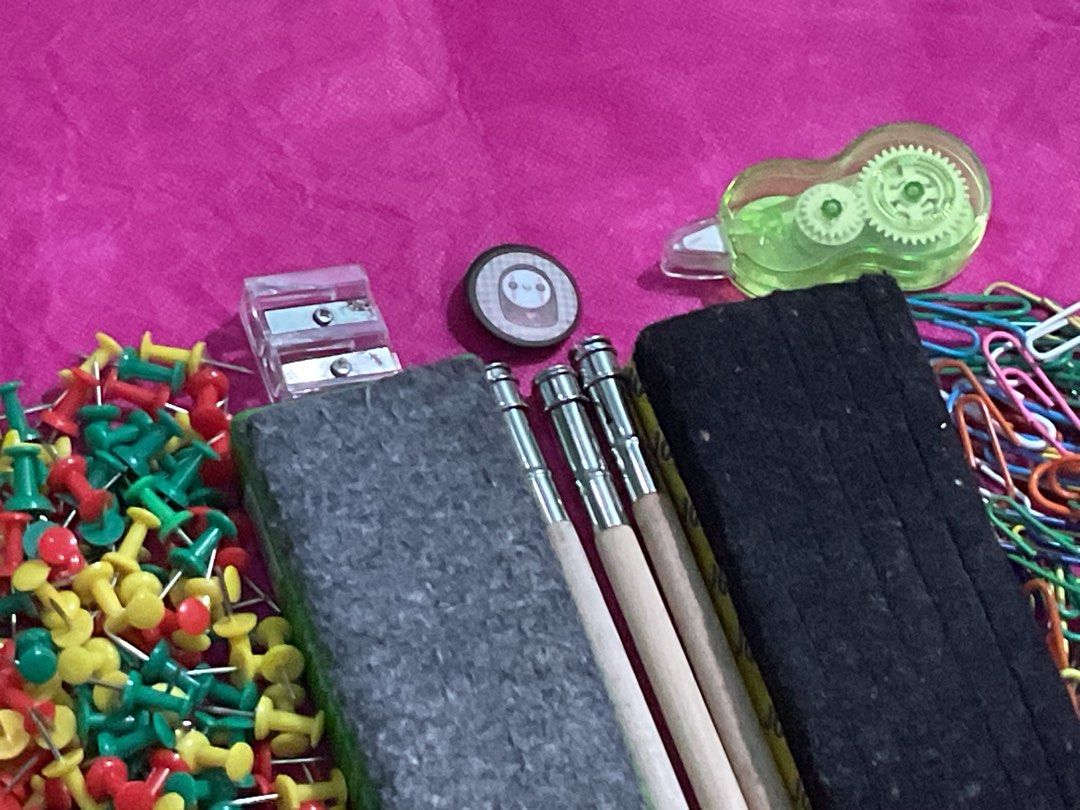 Work Supplies for Sale | Teaching / Office Items (Category: Stationery & School Supplies) located in San Jose del Monte. Submitted by preloved.to.newlove (Listing ID 1463366842, Image 1). Description: ☑️ Good as new, 1 set only! ☑️ Best for personal / work activity use ☑️ PM Code to claim: PTNLW505 🛍️ INCLUSIONS 🛍️ 1. Assorted Colored Push Pins 2. Assorted Colored Paper Clips 3. Board Erasers 4. Correction Tape 5. Pencil Extenders 6. Pencil Sha