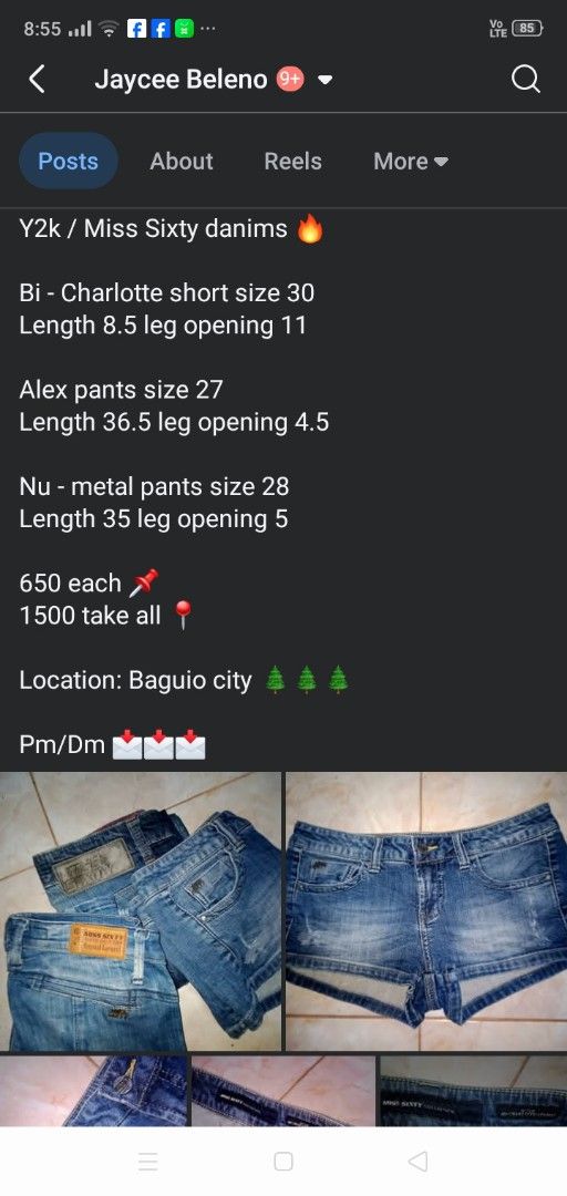 Y2k Miss Sixty Denim Shorts & Pants (Category: Jeans) located in Manila. Submitted by ramosjacqu35241 (Listing ID 1463328290, Image 1). Description: For sale ‼️ Y2k / Miss Sixty danims 🔥 Bi - Charlotte short size 30 Length 8.5 leg opening 11 Alex pants size 27 Length 36.5 leg opening 4.5 Nu - metal pants size 28 Length 35 leg opening 5 650 each 📌 1500 take all 📍 Location: Baguio city 🌲🌲🌲 Pm/Dm 📩📩📩.