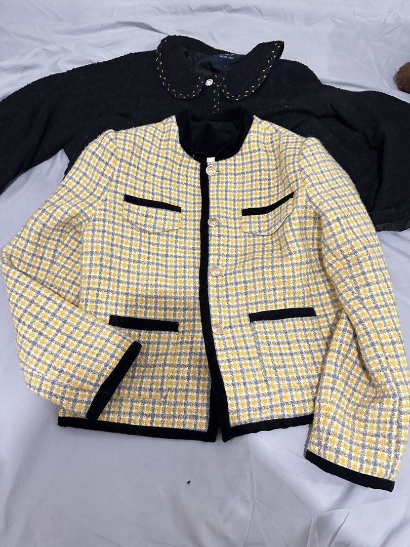 Yellow Grey Plaid Tweed Jacket with Black Trim (Category: Coats, Jackets and Outerwear) located in Manila. Submitted by everythingsale101 (Listing ID 1463483863, Image 3). Description: - Cute yellow and grey plaid jacket - Features black velvet trim - Adorned with gold buttons - Versatile for layering over tops or dresses - Ideal for a chic spring or fall look -Never used Fits up to L (38-40 bust) -Premium Tweed Blazers bundle available. 1500 for