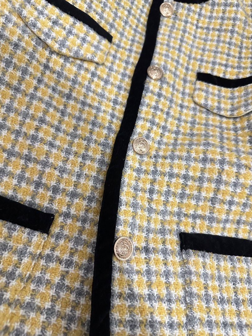 Yellow Grey Plaid Tweed Jacket with Black Trim (Category: Coats, Jackets and Outerwear) located in Manila. Submitted by everythingsale101 (Listing ID 1463483863, Image 2). Description: - Cute yellow and grey plaid jacket - Features black velvet trim - Adorned with gold buttons - Versatile for layering over tops or dresses - Ideal for a chic spring or fall look -Never used Fits up to L (38-40 bust) -Premium Tweed Blazers bundle available. 1500 for