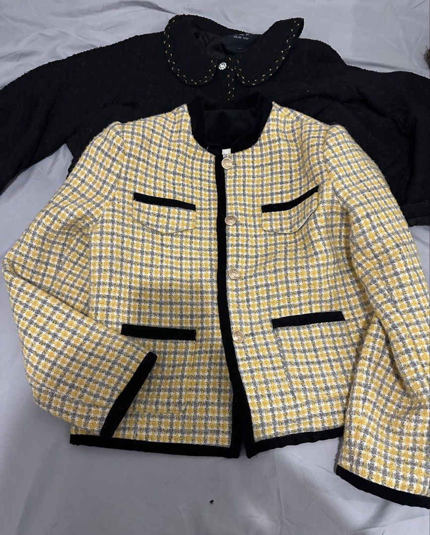 Yellow Grey Plaid Tweed Jacket with Black Trim (Category: Coats, Jackets and Outerwear) located in Manila. Submitted by everythingsale101 (Listing ID 1463483863, Image 1). Description: - Cute yellow and grey plaid jacket - Features black velvet trim - Adorned with gold buttons - Versatile for layering over tops or dresses - Ideal for a chic spring or fall look -Never used Fits up to L (38-40 bust) -Premium Tweed Blazers bundle available. 1500 for