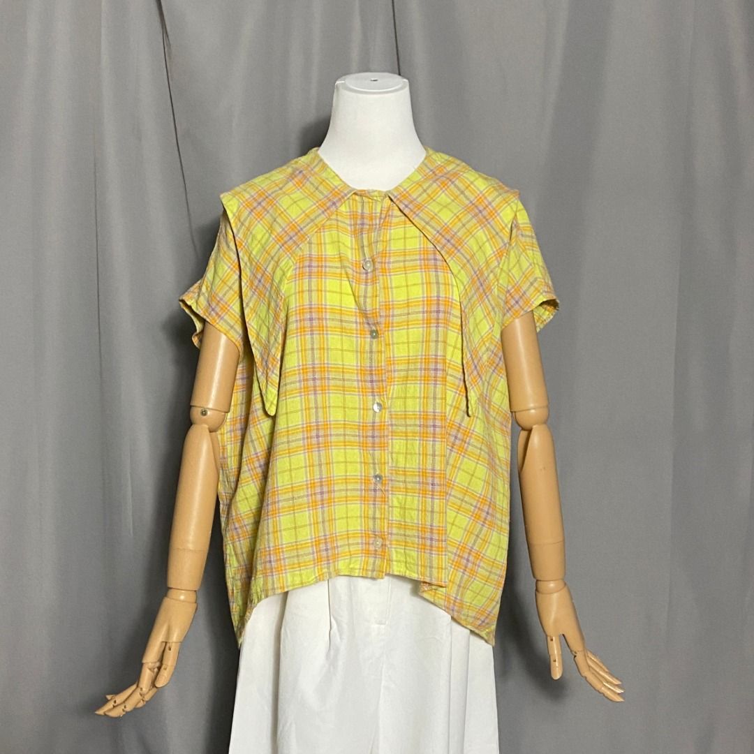Yellow plaid long-sleeve top with a unique collar (Category: Shirts) located in Las Pinas. Submitted by ipickyou (Listing ID 1463452475, Image 1). Description: Unwashed 𝗠𝗲𝗮𝘀𝘂𝗿𝗲𝗺𝗲𝗻𝘁𝘀 𝘄𝗵𝗲𝗻 𝗹𝗮𝗶𝗱 𝗳𝗹𝗮𝘁: -Armpit to armpit: 25 1/2” -Length: 21 1/2F, 29B” .