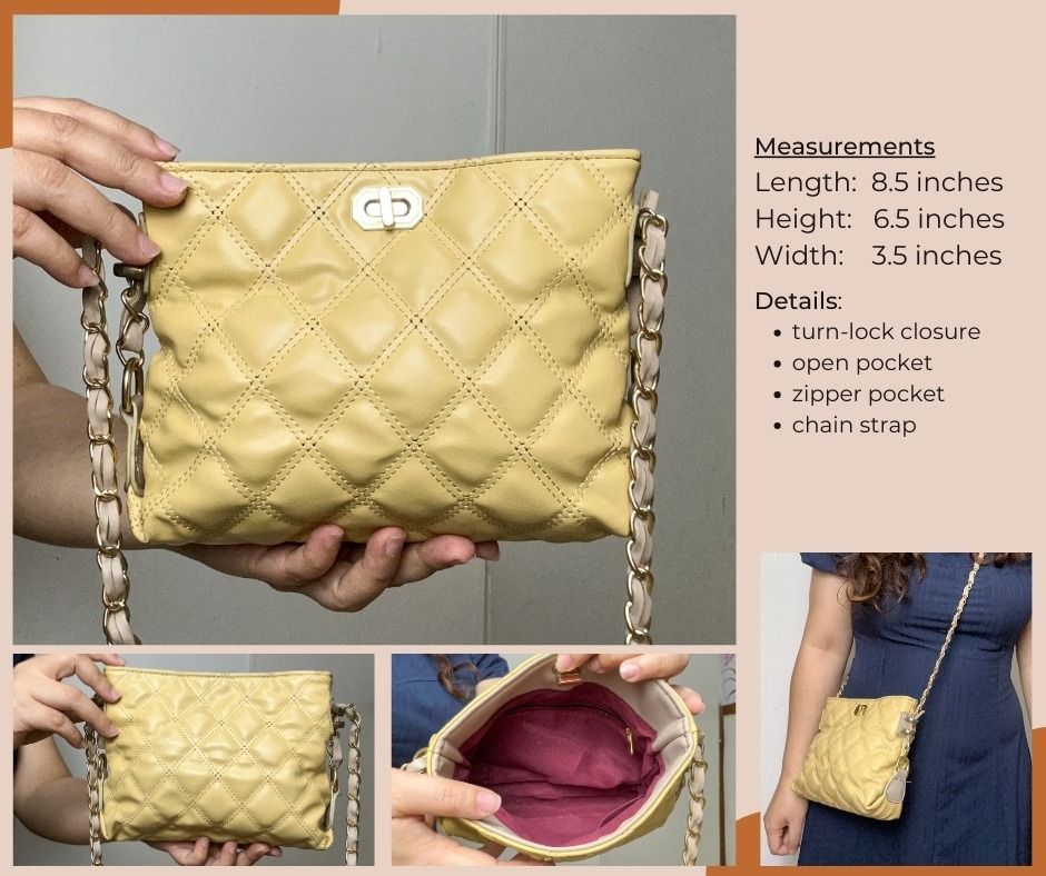 Yellow Small bag (Code: B213) (Category: Cross-body Bags) located in Mandaluyong City. Submitted by thriftandiapreloved (Listing ID 1463432806, Image 1). Description: Items are used/preloved/ukay2x, in good or slightly used condition. Please check remarks in RED font color for the flaws observed. If none indicated, none observed po. Measurements are also indicated in the photo. Thank you!.