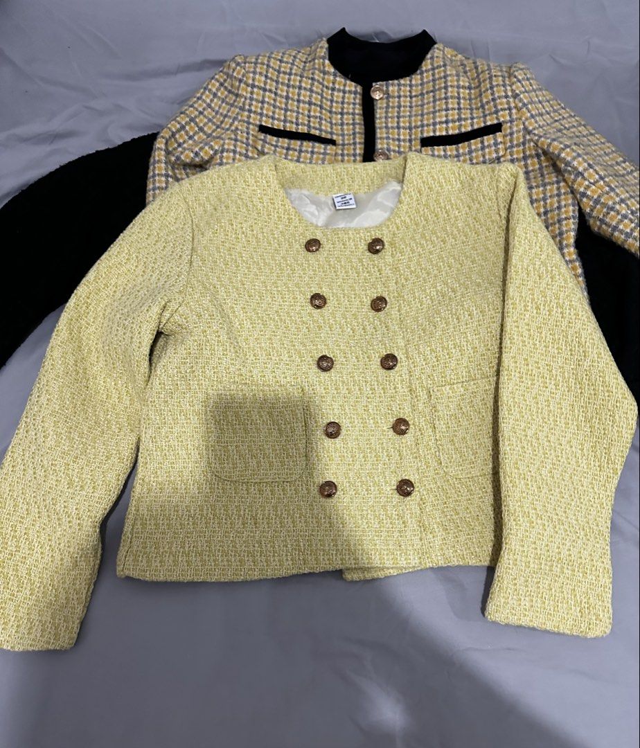 Yellow Tweed Double-Breasted Jacket with Button Detail (Category: Coats, Jackets and Outerwear) located in Manila. Submitted by everythingsale101 (Listing ID 1463483239, Image 1). Description: - Cute yellow tweed jacket - Double-breasted design - Features lovely brown buttons - Has a pocket on the left side - Great for layering - Pairs well with jeans or skirts - Perfect for a smart casual look Fits M (36-38 bust) -Premium Tweed Blazers bundle av