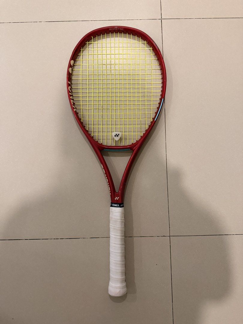Yonex Vcore 98+ G2 Ruby Red w/ Polytour Pro Strings (Category: Racket and Ball Sports) located in Makati City. Submitted by ibtol (Listing ID 1463345908, Image 1). Description: Yonex Vcore 98+ G2 Ruby Red w/ Polytour Pro Strings Bought in Feb 2026 Top View shows racket w/ used edge guard RFS: Hardly used because I still prefer my old Vcore.