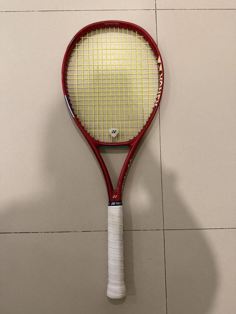 Yonex Vcore 98+ G2 Ruby Red w/ Polytour Pro Strings (Category: Racket and Ball Sports) located in Makati City. Submitted by ibtol (Listing ID 1463345908, Image 2). Description: Yonex Vcore 98+ G2 Ruby Red w/ Polytour Pro Strings Bought in Feb 2026 Top View shows racket w/ used edge guard RFS: Hardly used because I still prefer my old Vcore.