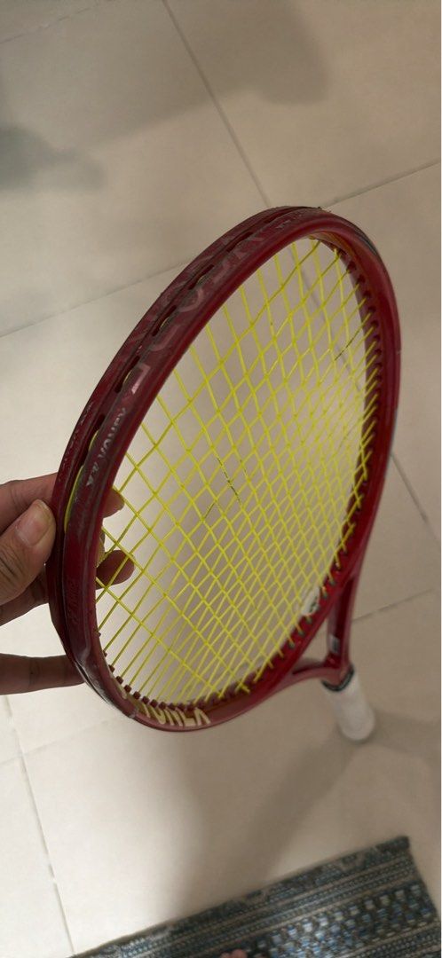 Yonex Vcore 98+ G2 Ruby Red w/ Polytour Pro Strings (Category: Racket and Ball Sports) located in Makati City. Submitted by ibtol (Listing ID 1463345908, Image 3). Description: Yonex Vcore 98+ G2 Ruby Red w/ Polytour Pro Strings Bought in Feb 2026 Top View shows racket w/ used edge guard RFS: Hardly used because I still prefer my old Vcore.