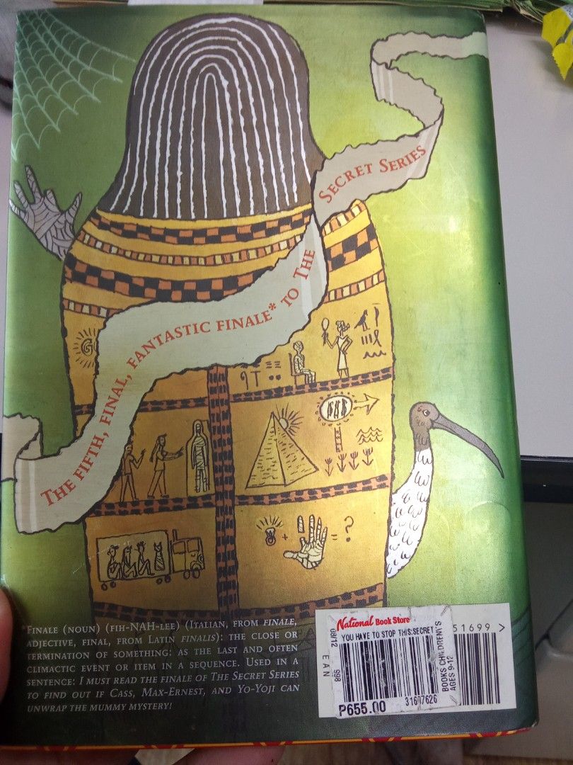 You Have to Stop This by Pseudonymous Bosch (Category: Storybooks) located in Pasig City. Submitted by teebeedeee (Listing ID 1463380952, Image 3). Description: - The Secret Series: Book 5 (The Finale!) - Follow Cass, Max-Ernest, and Yo-Yoji - Unravel a thrilling mummy mystery - Features illustrations by Gilbert Ford - Published by Little, Brown and Company preowned hardcover book complete pages.pages have yellowed due to storage and no visible p
