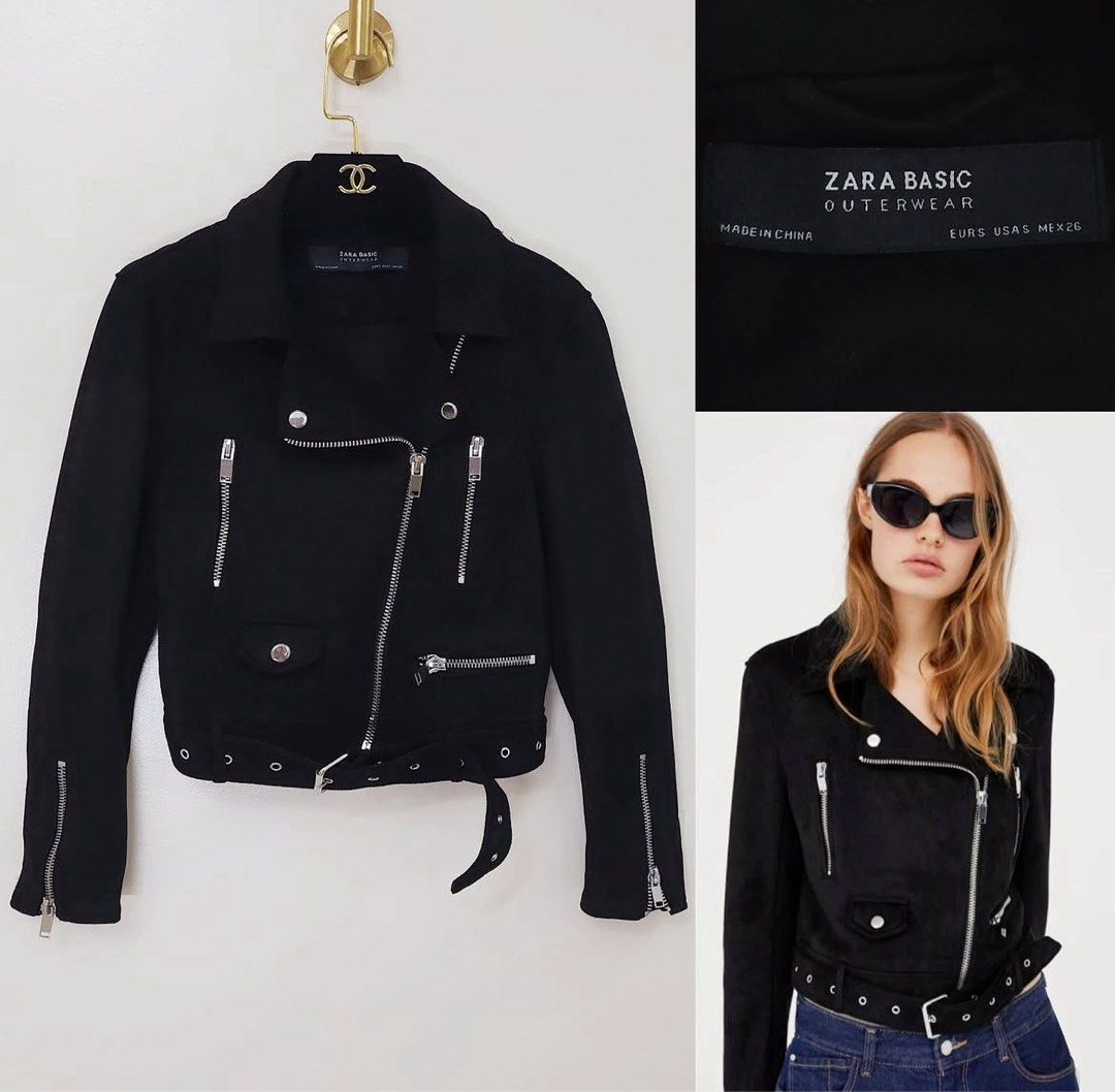 Zara Basic Black Faux Suede Biker Jacket (Category: Coats, Jackets and Outerwear) located in Pasig City. Submitted by mxchinovejas (Listing ID 1463548539, Image 1). Description: - Cool black biker jacket from Zara Basic - Made with faux suede material - Features classic biker details: zippers and a belt - Versatile: looks great dressed up or down, perfect for adding an edge - Size: US S / MEX 26.
