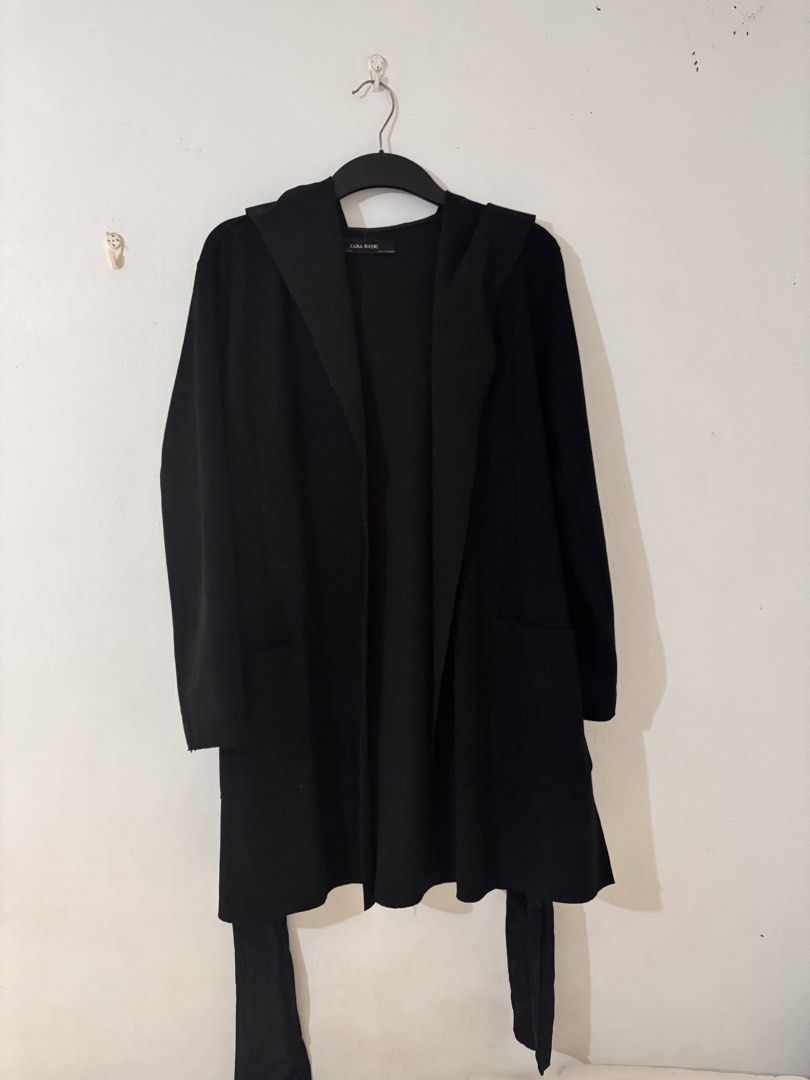 ZARA BASIC Black Longline Open Front Cardigan with Hood/Collar (Category: Coats, Jackets and Outerwear) located in Manila. Submitted by hellothere2012 (Listing ID 1463485312, Image 2). Description: Elegant and versatile ZARA BASIC black longline cardigan/coat with a relaxed open-front design, long sleeves, hooded/draped collar and front patch pockets. 🖤 ✨ Classic black ✨ Longline silhouette ✨ Hooded/draped collar ✨ Long sleeves ✨ Front patch poc