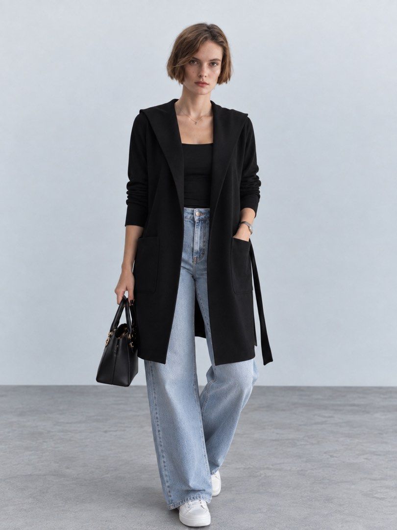 ZARA BASIC Black Longline Open Front Cardigan with Hood/Collar (Category: Coats, Jackets and Outerwear) located in Manila. Submitted by hellothere2012 (Listing ID 1463485312, Image 1). Description: Elegant and versatile ZARA BASIC black longline cardigan/coat with a relaxed open-front design, long sleeves, hooded/draped collar and front patch pockets. 🖤 ✨ Classic black ✨ Longline silhouette ✨ Hooded/draped collar ✨ Long sleeves ✨ Front patch poc