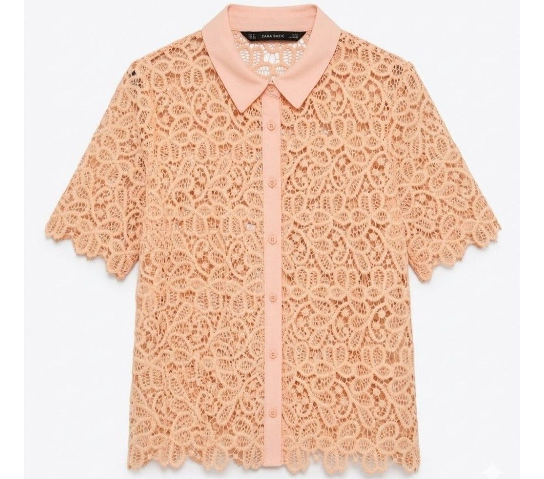 Zara Basic Lace Shirt Top (Category: Shirts) located in Mabalacat. Submitted by lysmnl6 (Listing ID 1463334530, Image 2). Description: - Zara Basic peach lace shirt - Size S - Short sleeves - Collared neckline - Button-up front - Intricate and beautiful lace pattern - Made in Turkey.