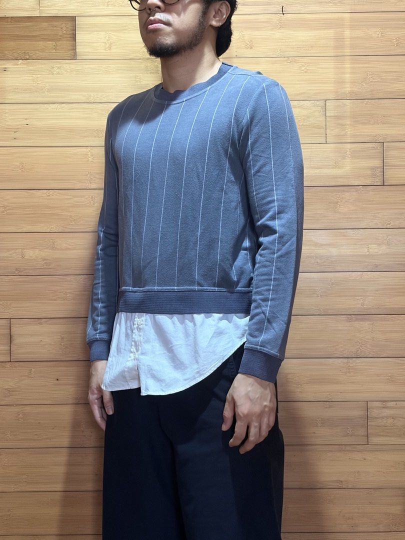 ZARA Basic Striped Sweater with White Shirt Layer (Category: Longsleeves) located in Las Pinas. Submitted by cmrqz (Listing ID 1463376604, Image 2). Description: - Grey striped sweater - White collared shirt peeking out - Casual and comfy fit - Shirt has small yellow stains on front (see close-up photo).