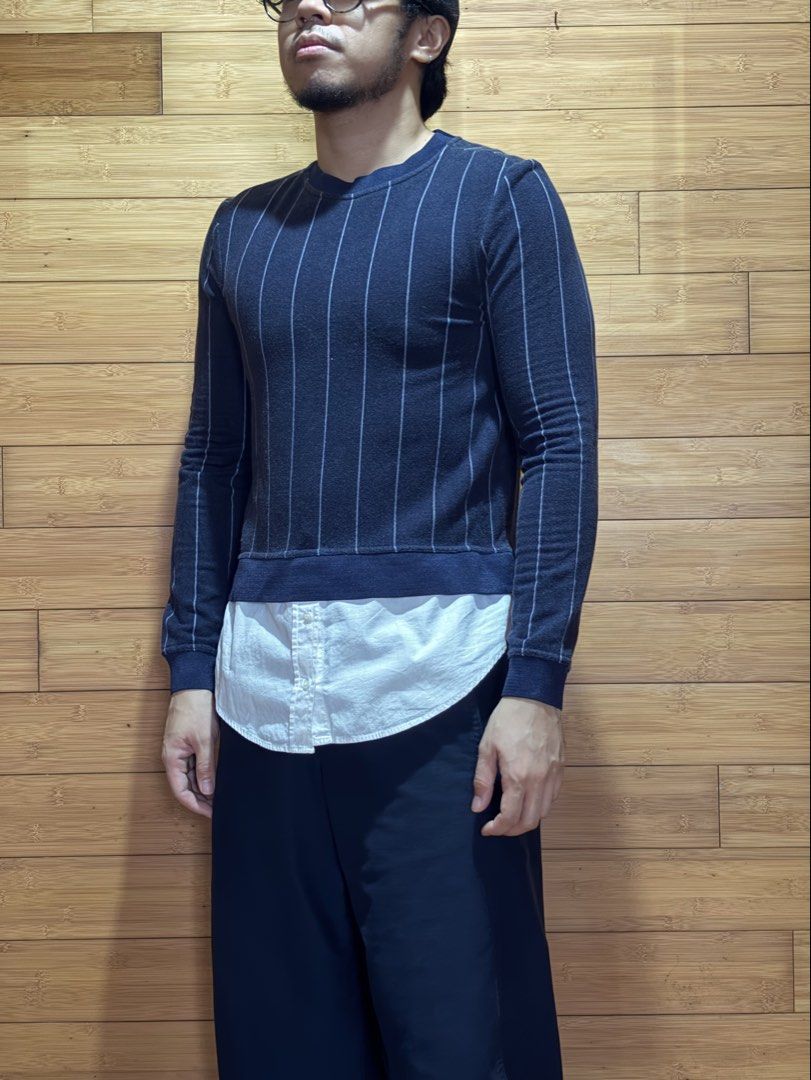 ZARA Basic Striped Sweater with White Shirt Layer (Category: Longsleeves) located in Las Pinas. Submitted by cmrqz (Listing ID 1463376880, Image 2). Description: - Navy blue sweater with subtle pinstripes - White collared shirt layer .