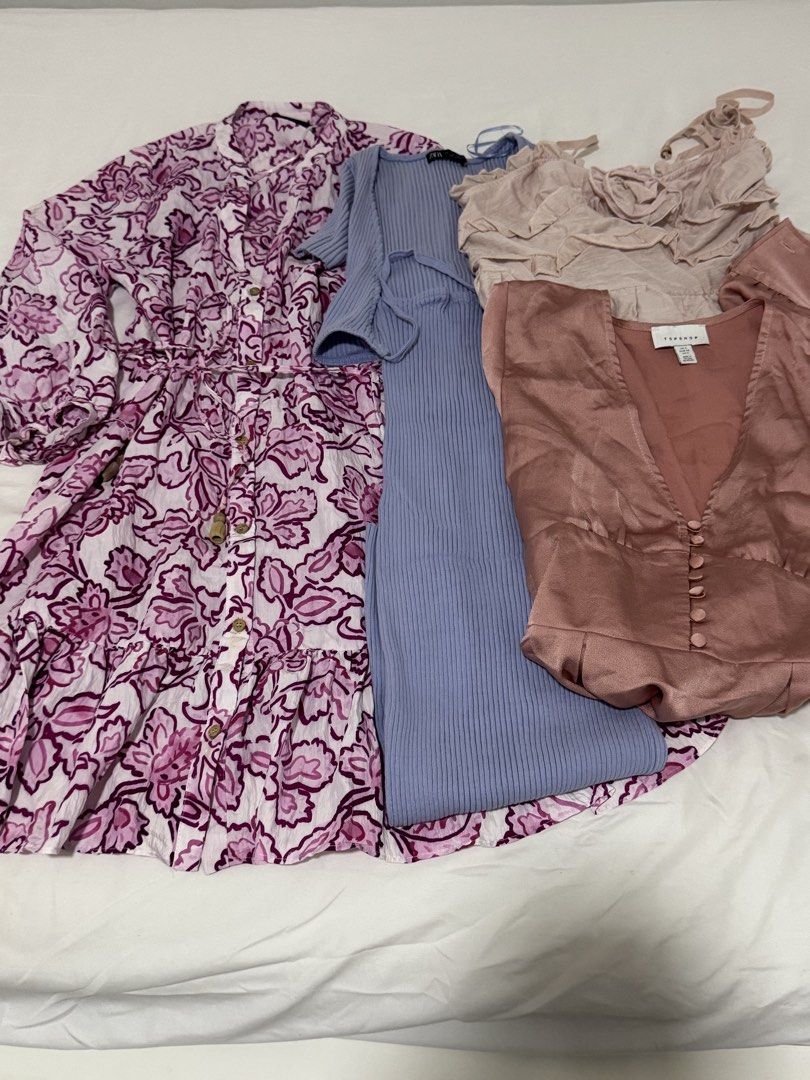 Zara dress and others bundle (Category: Sleeveless) located in Quezon City. Submitted by thehappyhaulsph (Listing ID 1463493840, Image 1). Description: 🌸TAKE ALL FOR ONLY 1000! 🌸Decluttering. All are personal items so expect them to have almost the same sizes. 🌸Condition of the items may include Brand new, like new or heavily used. 🌸SOLD AS IS. Bawal sa maarte WHAT’S INCLUDED: -ZARA Floral Waist Tie dress -ZARA blue knit wrap dress -TOPSHOP s