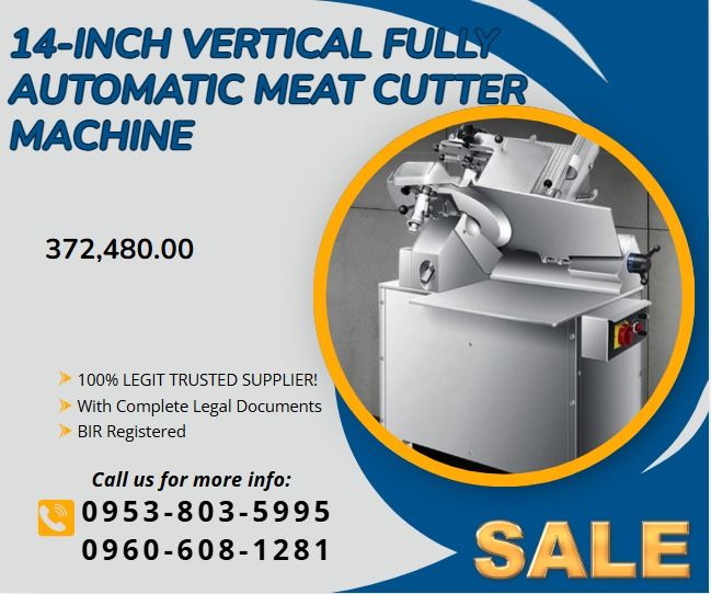 14-Inch Vertical Fully Automatic Meat Cutter Machine (Category: Everything Else Others) located in Caloocan City. Submitted by wildshark.ed516d (Listing ID 1463603528, Image 1). Description: ●14-inch vertical fully automatic ●Voltage/frequency 220V/50HZ ●Blade diameter 363mm ●Slice thickness 0-20mm ●Product power 750w ●Product weight 220kg ●Product size 960X700X1410mm ●Material : 201 Stainless Steel + Carbon Steel .