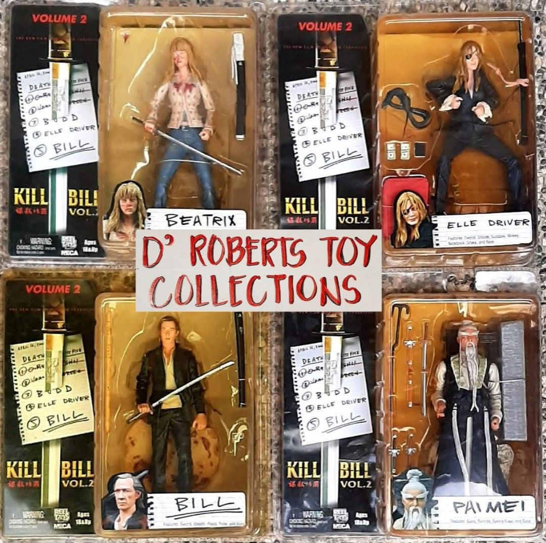 2005 NECA Kill Bill: Vol. 2 Series 2 Action Figures. (Category: Figurines & Statues) located in Liloan. Submitted by angelyneroberts_171329 (Listing ID 1463224914, Image 1). Description: FOR SALE 2005 NECA Kill Bill: Vol. 2 Series 2 Action Figures. DESCRIPTION : - Beatrix Kiddo (The Bride) features her blood-spattered torn white shirt and a katana. - Elle Driver features her eye patch, black suit, and accessories. - Bill features him in a black j