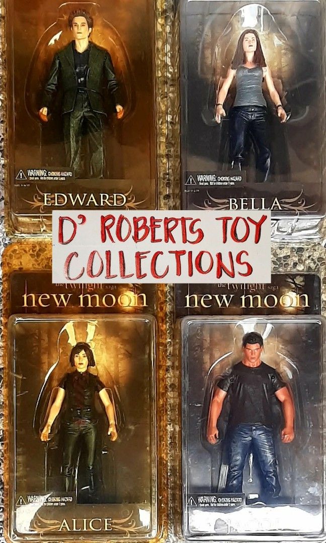 2009 NECA The Twilight Saga: New Moon Action Figures (Category: Figurines & Statues) located in Liloan. Submitted by angelyneroberts_171329 (Listing ID 1463445331, Image 1). Description: FOR SALE 2009 NECA The Twilight Saga: New Moon Action Figures DESCRIPTION : - Edward Cullen modeled in his classic brooding posture. He features a dark charcoal/black suit and purple button-down shirt inspired by the prom and breakout sequences from the films. - 