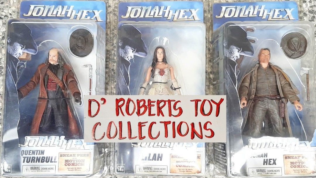 2010 NECA Jonah Hex Action Figures (Category: Figurines & Statues) located in Liloan. Submitted by angelyneroberts_171329 (Listing ID 1463217168, Image 1). Description: FOR SALE 2010 NECA Jonah Hex Action Figures DESCRIPTION : - Produced by NECA from the 2010 film Jonah Hex. - Quentin Turnbull modelled after John Malkovich's character, packaged with a cane accessory. - Lilah modelled after Megan Fox's character. - Jonah Hex modelled after Josh Br