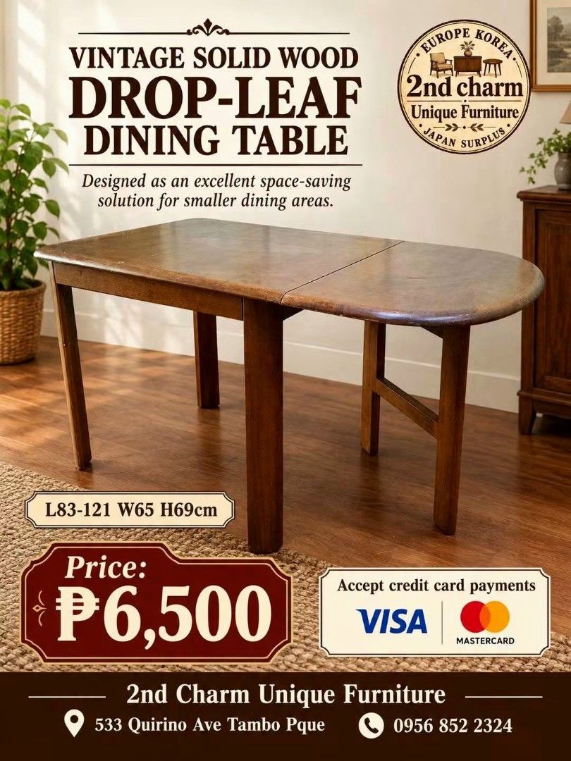 2nd hand extendable drop leaf table 2-4 seater solid wood (Category: Tables & Sets) located in Paranaque City. Submitted by 2ndcharmfurniture (Listing ID 1463608145, Image 1). Description: 💳 𝐌𝐨𝐝𝐞 𝐨𝐟 𝐏𝐚𝐲𝐦𝐞𝐧𝐭 ✅ QR Ph Credit Card (Visa/MC) ️️✅️ QR Ph SP@yL@ter (Sh0pee) ✅️ GCash ✅ BDO Bank Transfer ✅ BPI Bank Transfer 📍 𝙋𝙖𝙮𝙢𝙚𝙣𝙩 𝙞𝙨 𝙢𝙖𝙙𝙚 𝙪𝙥𝙤𝙣 𝙥𝙞𝙘𝙠-𝙪𝙥 𝙛𝙧𝙤𝙢 𝙪𝙨..